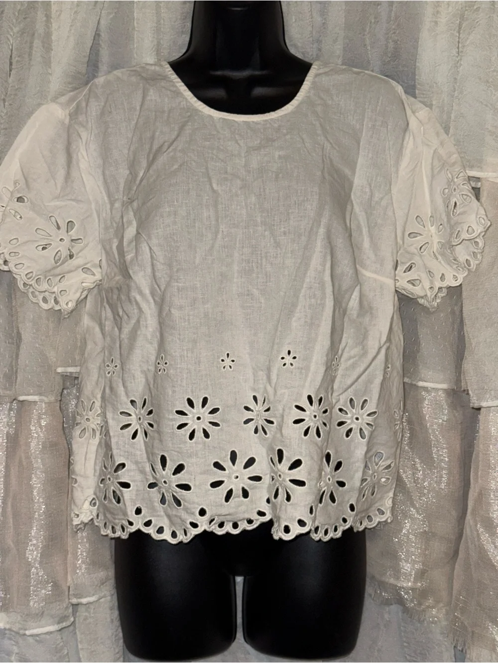 Madewell White Eyelet Linen Puff-Sleeve Blouse